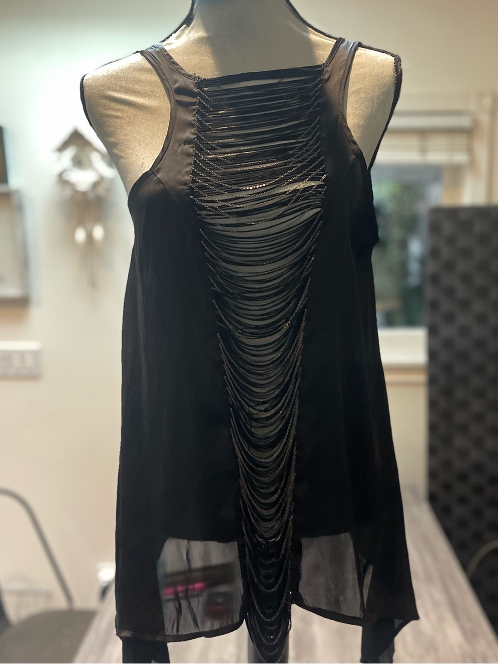 Black Silk/Sheer Layered Fringe Tank Top